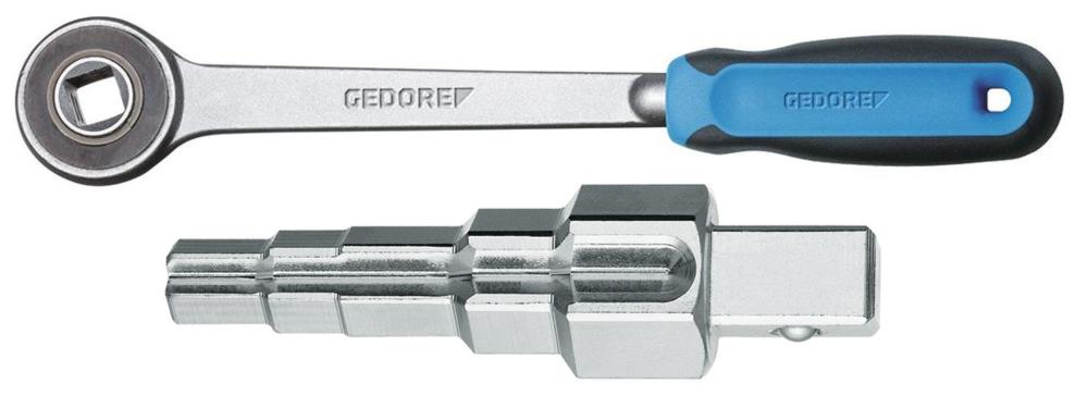 Gedore Combi-Stufenschlüssel mit Zahnradknarre zum Ein- und Ausbau von Heizkörperverschraubung, Rücklaufverschraubungen und kurzen Hahnverlängerungen mit Nocken-, Sechskant- und Zwölfkantmitnahme